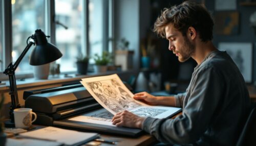 Un artiste numérise une illustration détaillée dans son studio.