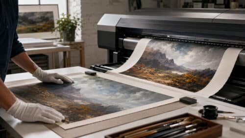Atelier d’impression fine art avec imprimante grand format réalisant un tirage giclée haute définition sur papier texturé.