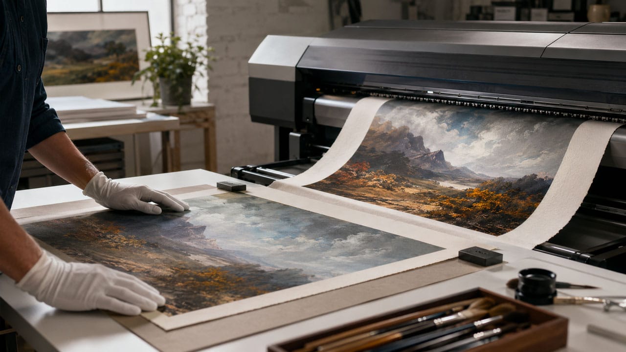 Atelier d’impression fine art avec imprimante grand format réalisant un tirage giclée haute définition sur papier texturé.